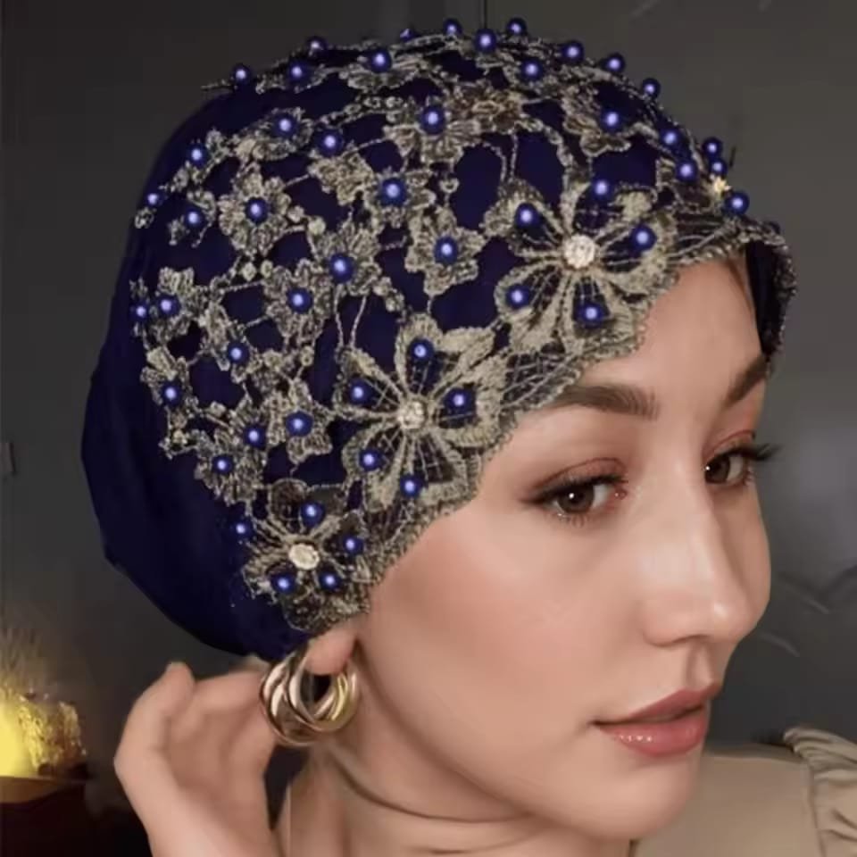 Women Zircon Pearl Muslim Head Wrap Crystal Muslim Hijab Cap